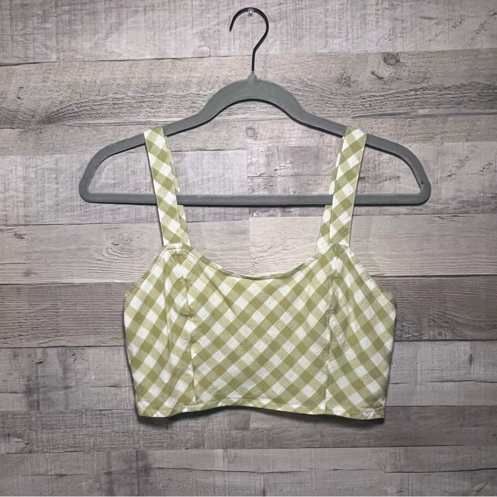 American Eagle Aerie Green & White Gingham Crop Tank Top